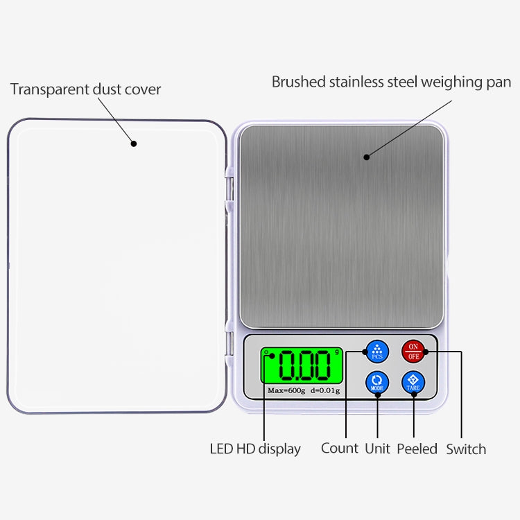 MH-555 600g x 0.01g High Accuracy Digital Electronic Portable Kitchen Scale Balance Device with 2.2 inch LCD Screen, 600g/0.01g