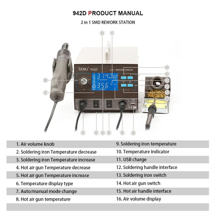 BAKU BA-942D 110V 700W 2 in 1 Digital Display Adjustable Temperature Hot Air Gun Set, US Plug, BA-942D