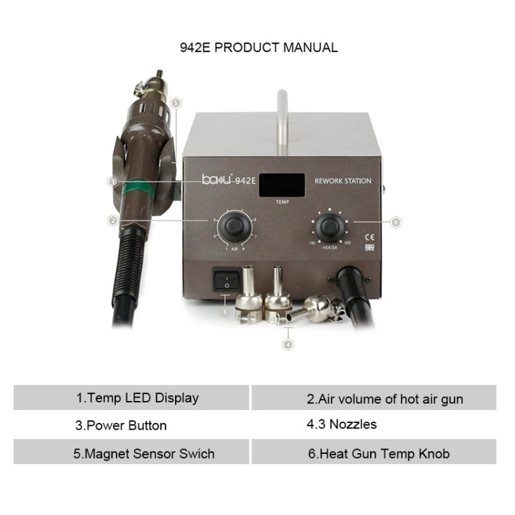 BAKU BA-942E 110V Digital Display Adjustable Temperature Hot Air Gun Desoldering Station Set, US Plug, BA-942E