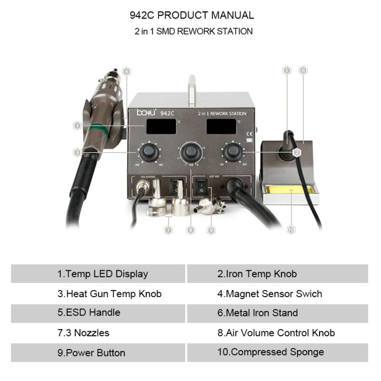 BAKU BA-942C 110V 1000W 2 in 1 Digital Display Adjustable Temperature Hot Air Gun Set, US Plug, BA-942C