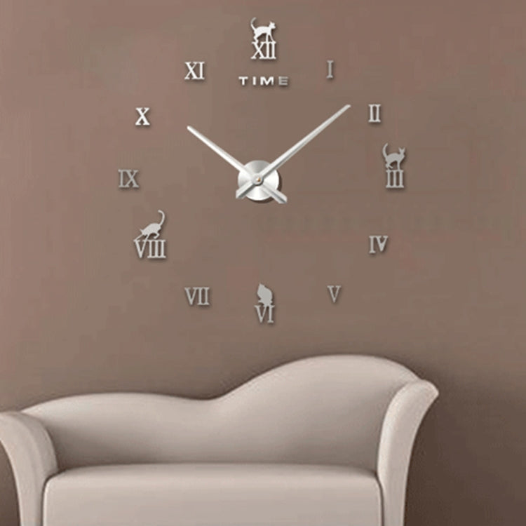 Home Office Decor Frameless Cat Shape Large Size DIY 3D Mirror Surface Wall Stickers Mute Clock, Size: 100*100cm, 3M008 (Black), 3M008 (Silver)