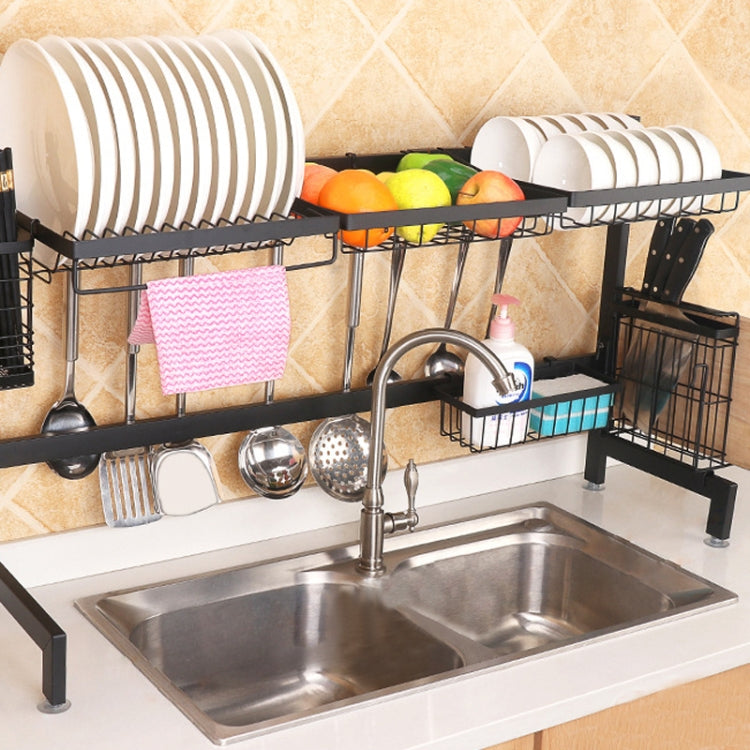 92cm Stainless Steel Kitchen Bowl Dish Fruit Basket Knife Chopping Block Chopsticks Drain Rack Storage Holder, Deluxe Version, 92cm Deluxe Version (Black)