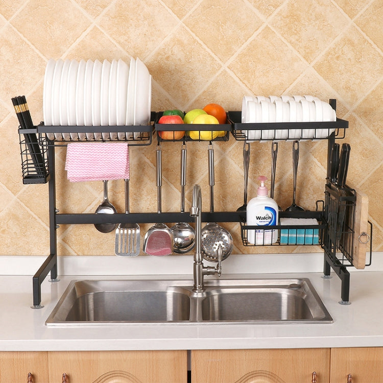 92cm Stainless Steel Kitchen Bowl Dish Fruit Basket Knife Chopping Block Chopsticks Drain Rack Storage Holder, Deluxe Version, 92cm Deluxe Version (Black)