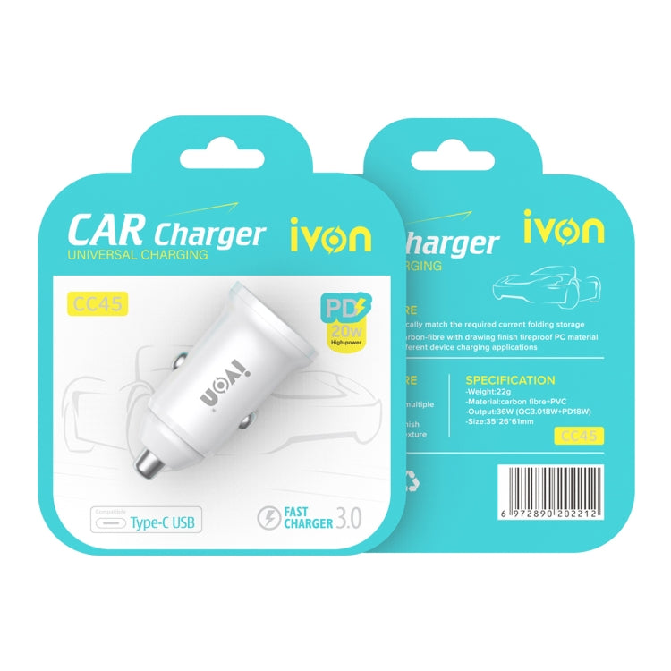 IVON CC45 20W PD 3.0 USB-C / Type-C + QC 3.0 USB Port Mini Car Charger, CC45