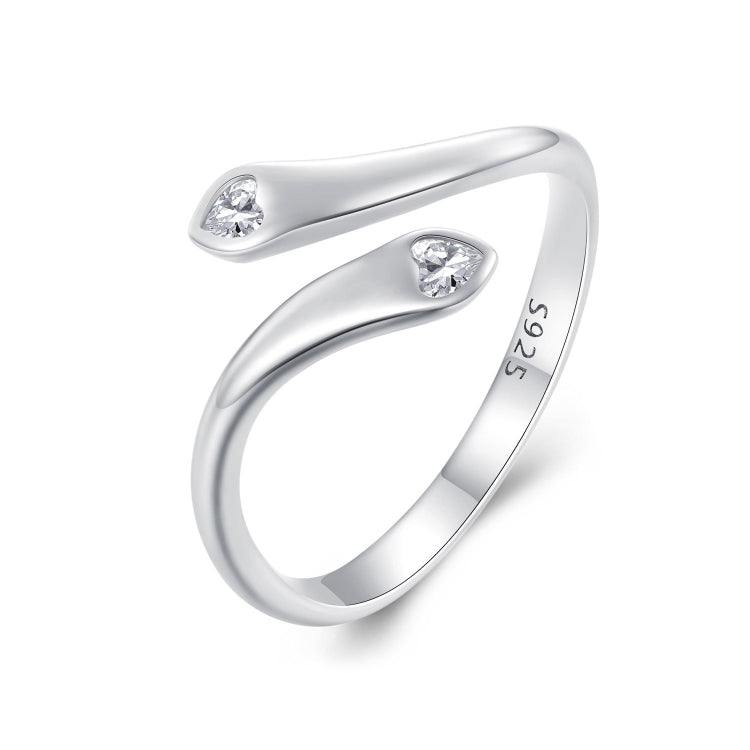 SCR946-E Sterling Silver S925 White Gold Plated Zircon Double Heart Opening Adjustable Ring, SCR946-E