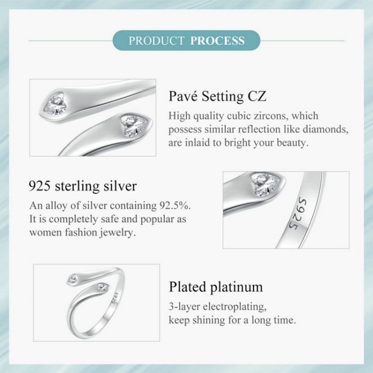 SCR946-E Sterling Silver S925 White Gold Plated Zircon Double Heart Opening Adjustable Ring, SCR946-E