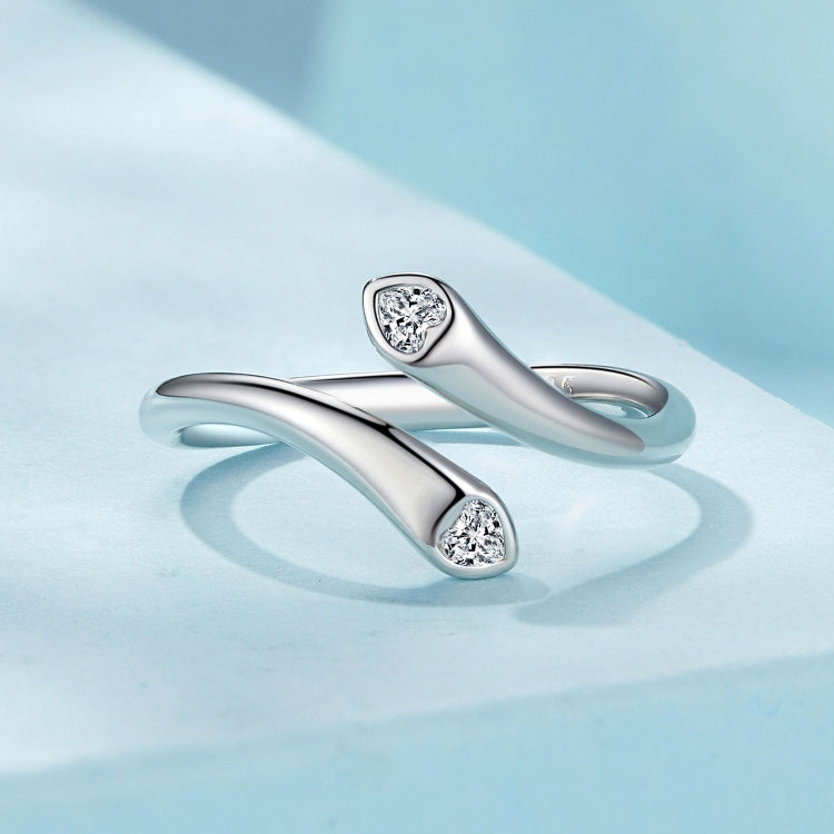 SCR946-E Sterling Silver S925 White Gold Plated Zircon Double Heart Opening Adjustable Ring, SCR946-E