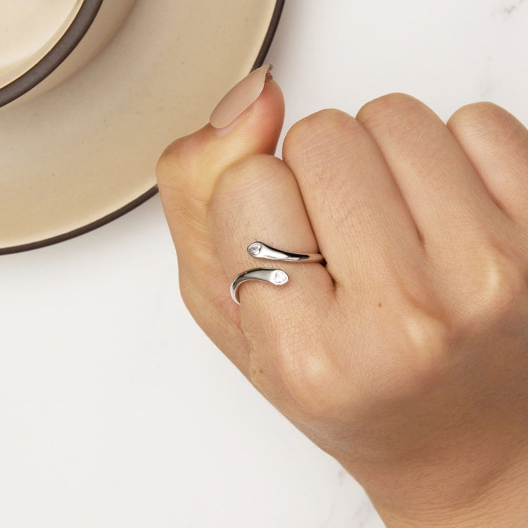 SCR946-E Sterling Silver S925 White Gold Plated Zircon Double Heart Opening Adjustable Ring, SCR946-E