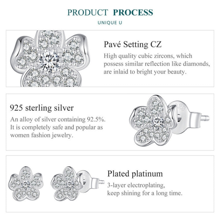BSE855 Sterling Silver S925 White Gold Plated Full-set Zircon Flower Stud Earrings, BSE855