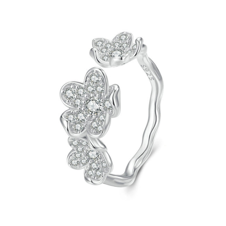 BSR447 Sterling Silver S925 Plated White Gold Fully Paved Zircon Flower Open Adjustable Ring, BSR447