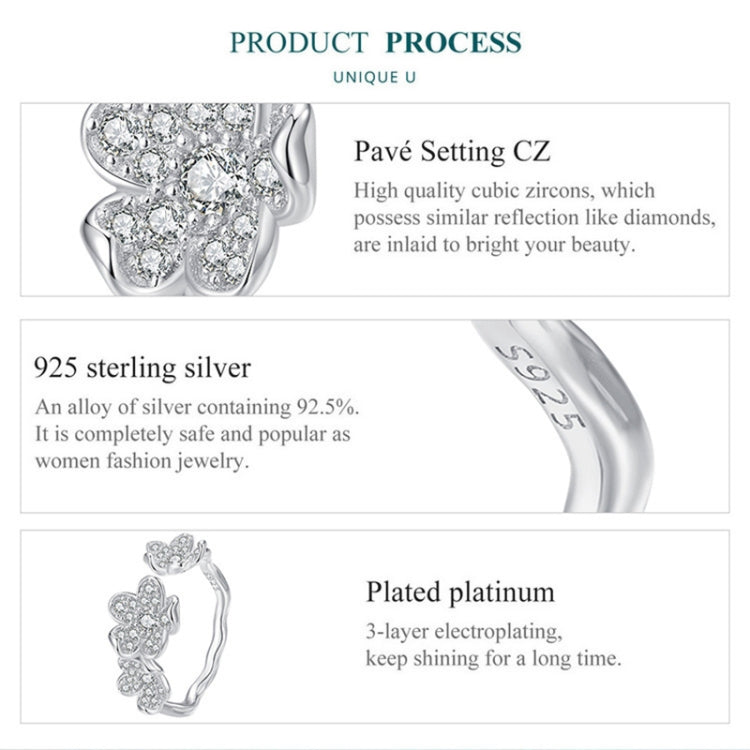 BSR447 Sterling Silver S925 Plated White Gold Fully Paved Zircon Flower Open Adjustable Ring, BSR447