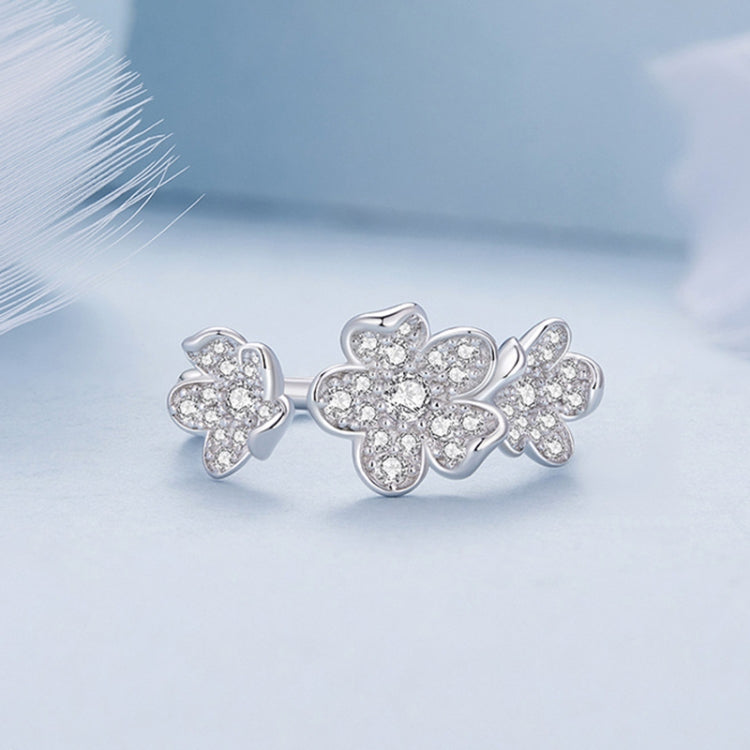 BSR447 Sterling Silver S925 Plated White Gold Fully Paved Zircon Flower Open Adjustable Ring, BSR447