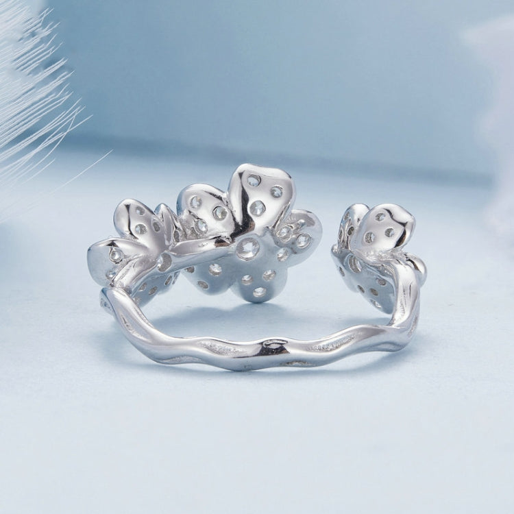 BSR447 Sterling Silver S925 Plated White Gold Fully Paved Zircon Flower Open Adjustable Ring, BSR447