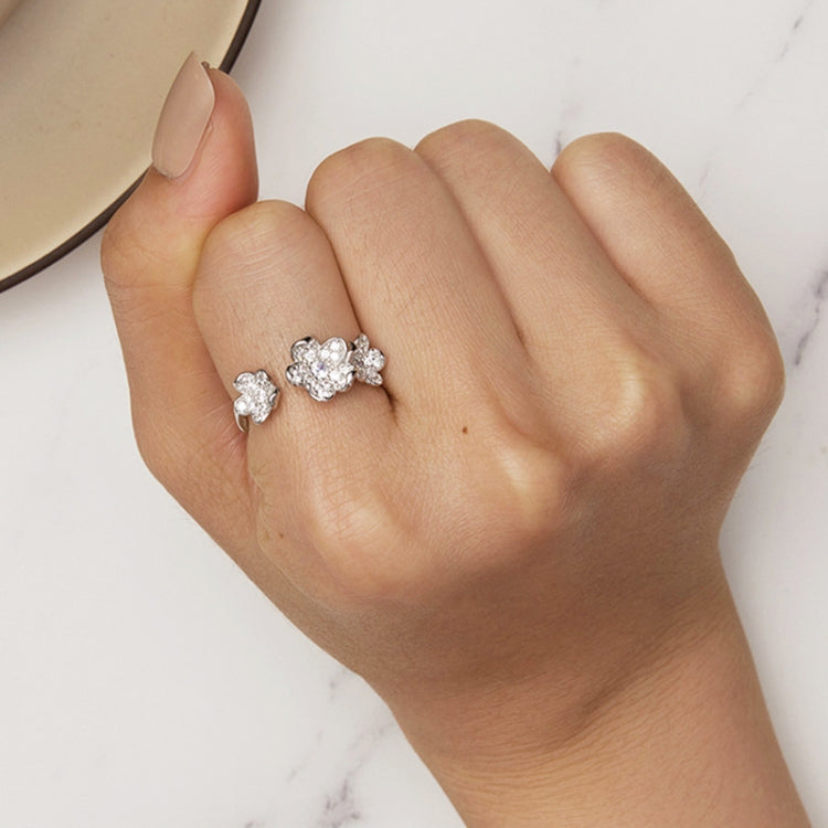 BSR447 Sterling Silver S925 Plated White Gold Fully Paved Zircon Flower Open Adjustable Ring, BSR447