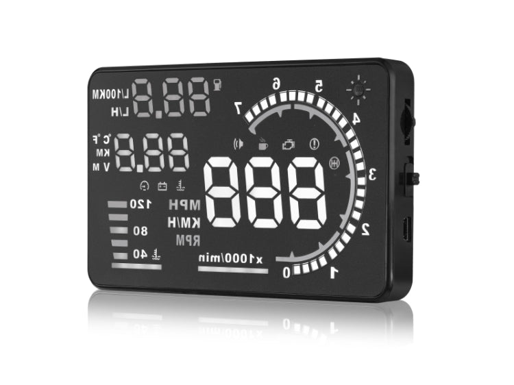 A8 5.5 inch Car OBDII HUD Warning System Vehicle-mounted Head Up Display Projector with LED, Support Fuel Consumption & Over Speed Alarm & Water Temperature & Fault Diagnosis, A8