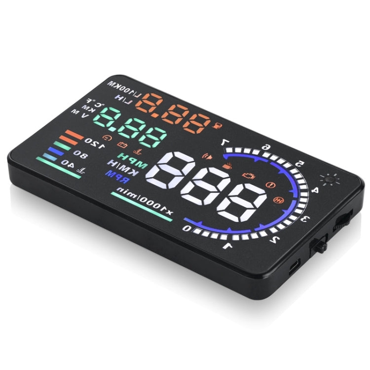 A8 5.5 inch Car OBDII HUD Warning System Vehicle-mounted Head Up Display Projector with LED, Support Fuel Consumption & Over Speed Alarm & Water Temperature & Fault Diagnosis, A8
