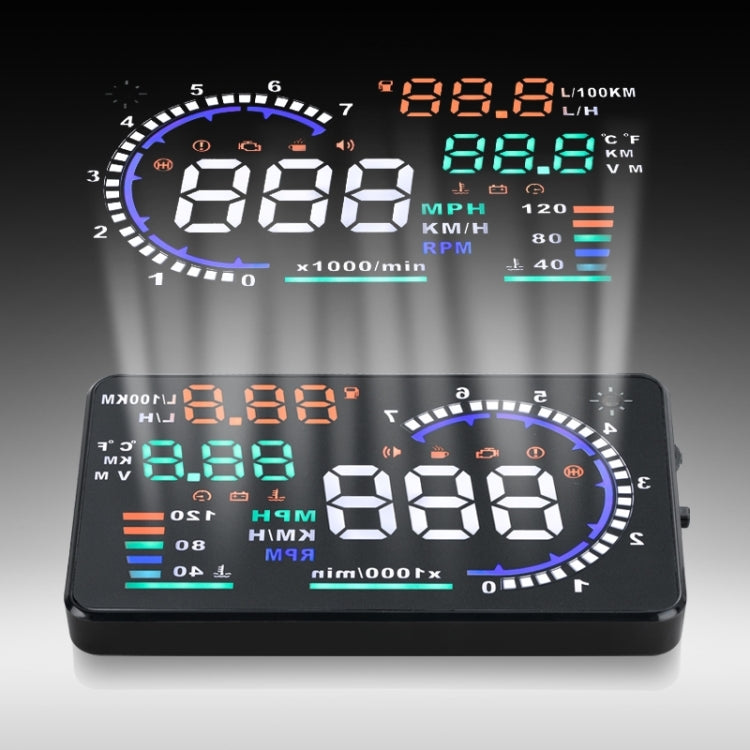 A8 5.5 inch Car OBDII HUD Warning System Vehicle-mounted Head Up Display Projector with LED, Support Fuel Consumption & Over Speed Alarm & Water Temperature & Fault Diagnosis, A8