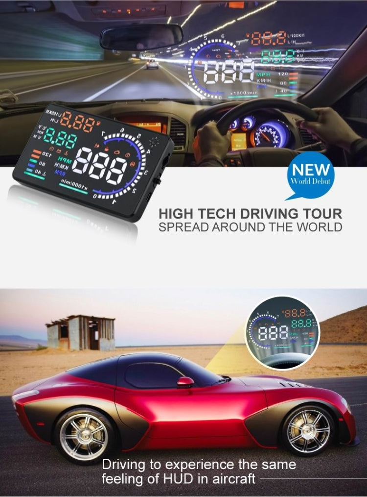 A8 5.5 inch Car OBDII HUD Warning System Vehicle-mounted Head Up Display Projector with LED, Support Fuel Consumption & Over Speed Alarm & Water Temperature & Fault Diagnosis, A8