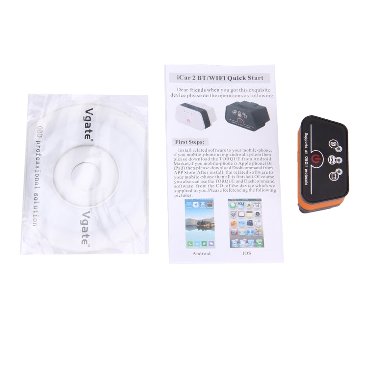Vgate iCar II Super Mini ELM327 OBDII Bluetooth V3.0 Car Scanner Tool, Support Android OS, Support All OBDII Protocols, Bluetooth V3.0 Orange + Black