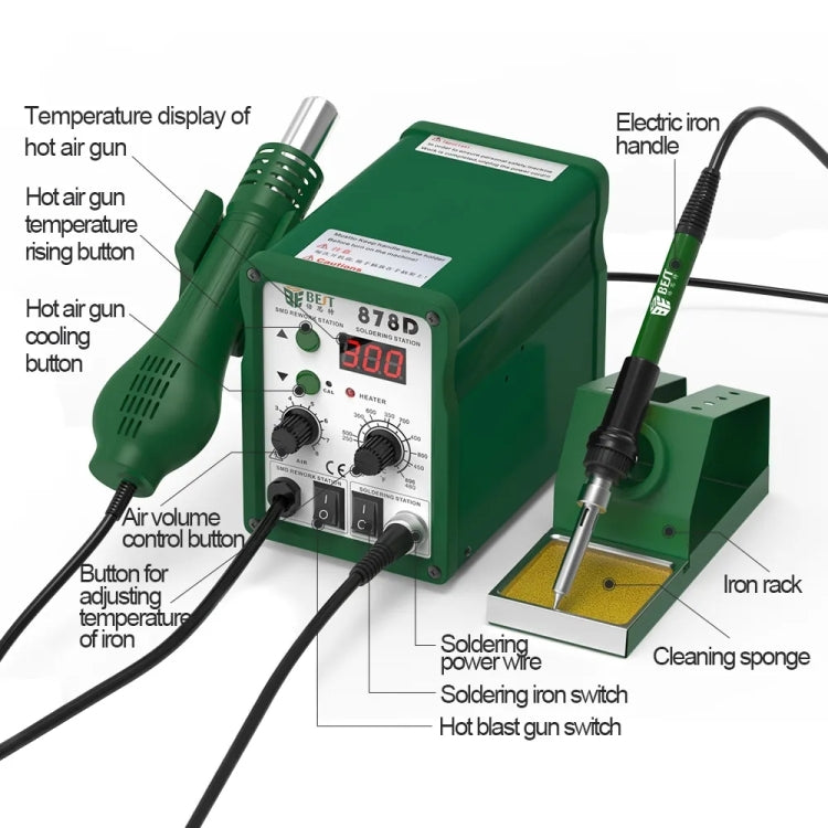 BEST BST-878D 2 in 1 Adjustable Temperature Hot Air Gun with Electric Soldering Iron Rework Station, BST-878D EU Plug, BST-878D US Plug