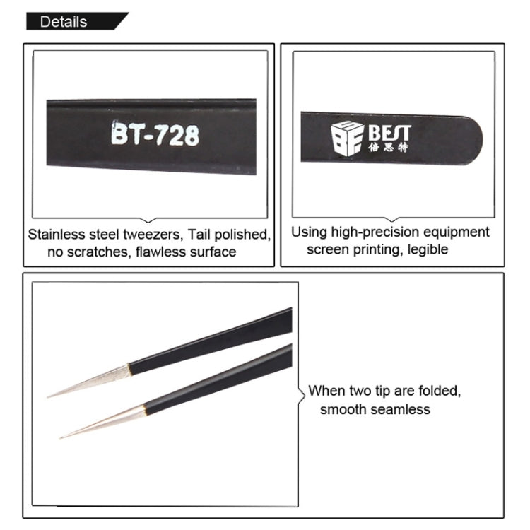BEST BST-728 202 Stainless Steel Anti-static Tip Tweezers, BST-728