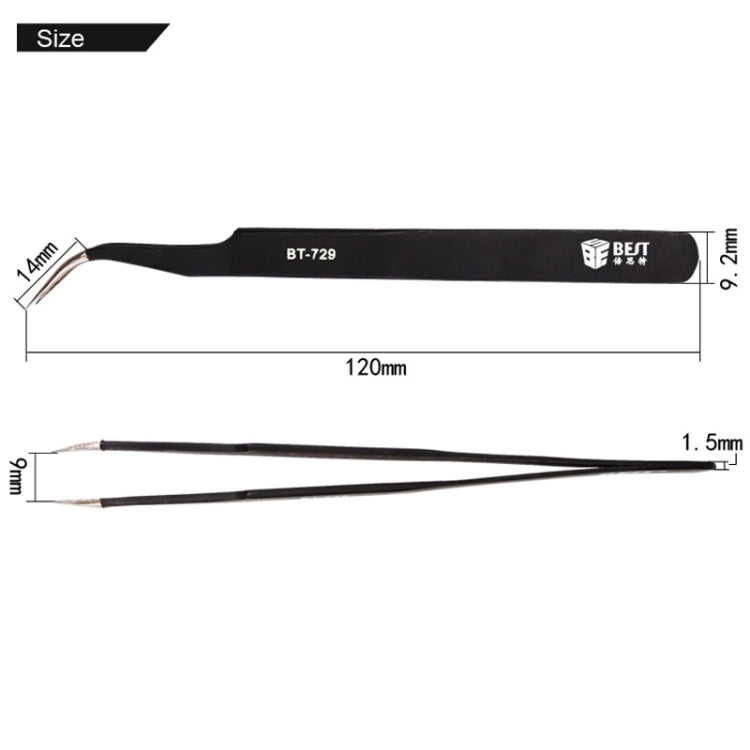BEST BST-729 202 Stainless Steel Anti-static Curved Tip Tweezers, BST-729 202