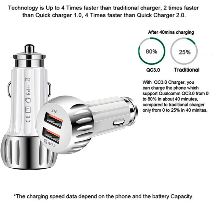 YSY-310QC18W QC3.0 Dual Port USB Car Charger + 3A USB to Micro USB Data Cable, Cable Length: 1m, YSY-310QC18W with Micro USB Cable, with Micro USB Cable