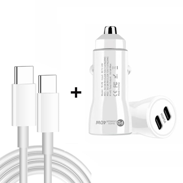 TE-P8 40W PD20W + PD20W Dual Port PD3.0 Car Charger with Type-c to Type-C Data Cable, Length: 1m