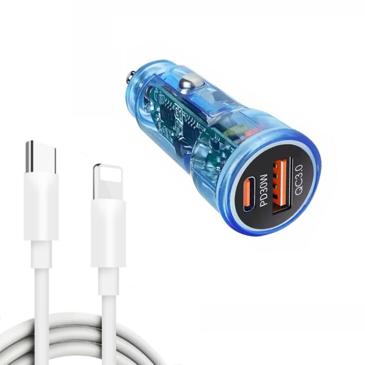 P35 48W PD30W + QC3.0 18W USB Transparent Car Charger with Type-C to 8 Pin Phone Data Cable, P35 with Cable (Transparent), P35 with Cable (Transparent Blue)