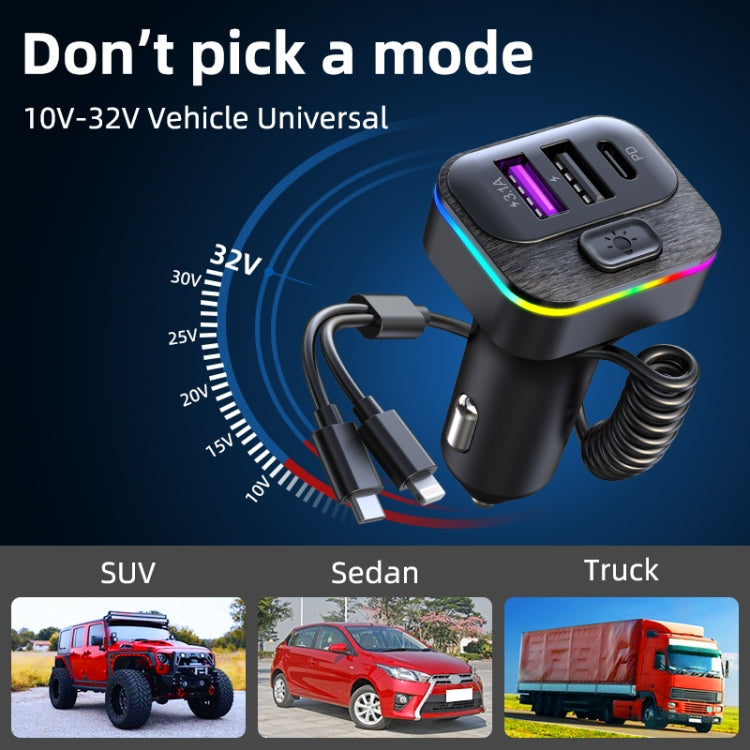 K12 With Type-C / 8-Pin Charging Cable Phone Fast Charging Adapter 2 USB + 1 Type-C PD Car Charger, K12