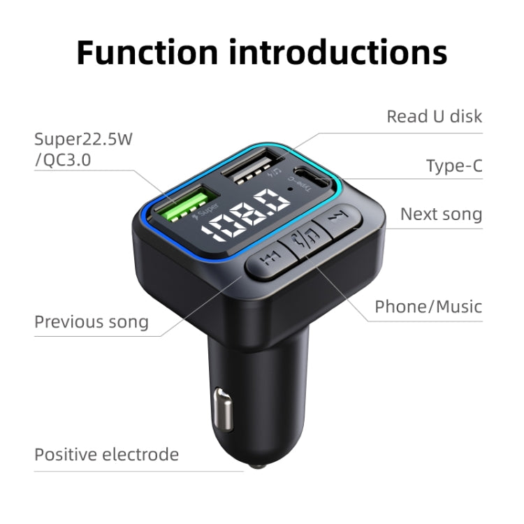 C40 Type-C + Dual USB QC3.0 Car Charger Bluetooth Hands-free Call Adapter Car MP3 Music Player, C40