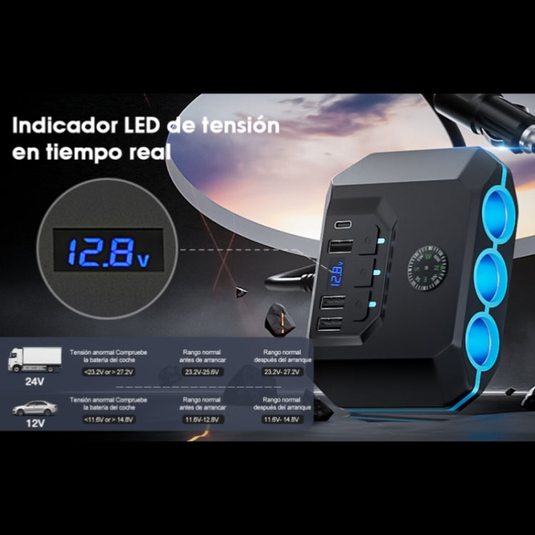 TR-52 With LED Voltage Display QC3.0 Car Fast Charging 3 Socket Adapter, TR-52