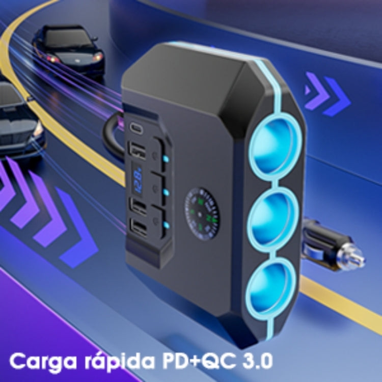 TR-52 With LED Voltage Display QC3.0 Car Fast Charging 3 Socket Adapter, TR-52