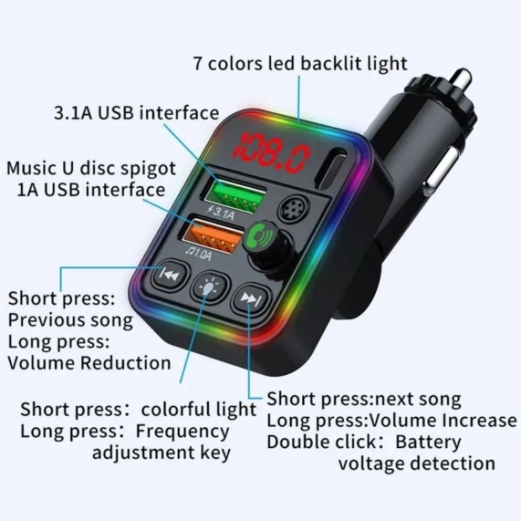 P19 Support U Disk Wireless 7-Colors LED Backlit Car MP3 Hands-Free Bluetooth Calling Car Audio Charger, P19