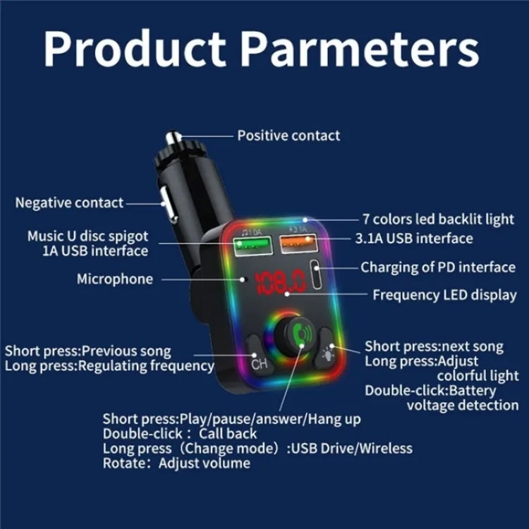 P3 Car Bluetooth Hands-Free AUX Audio Car MP3 Player FM Transmitter PD Fast Charger, P3