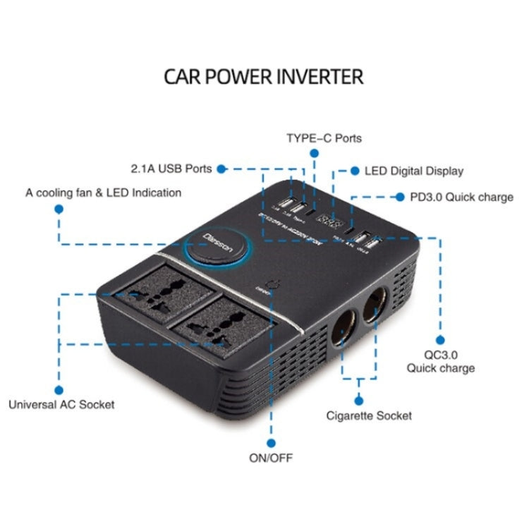 USB+Type-C to 220V QC3.0 200W Power Socket Cigarette Lighter Car Power Inverter, 200W