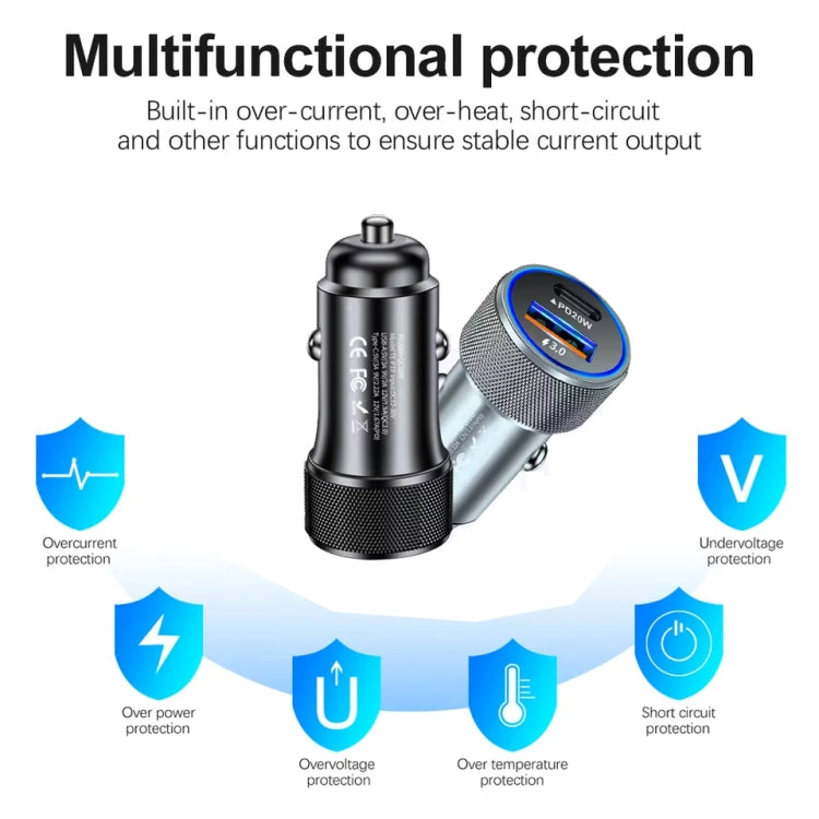 P19 Metal PD20W USB-C + QC18W USB Car Charger with Type-C to 8 Pin Date Cable, Type-C to 8 Pin Date Cable