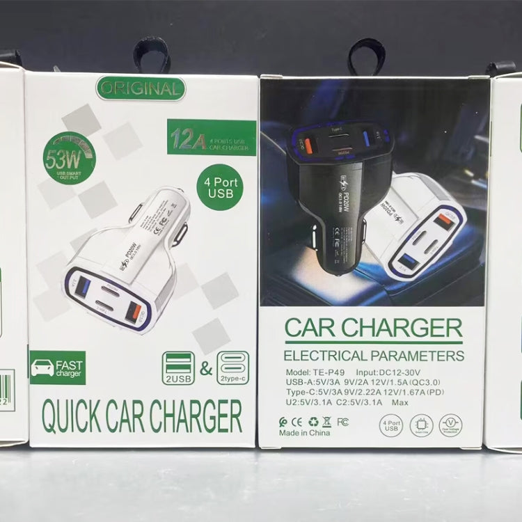 P49 53W PD20W Type-C + USB 4-port Car Charger with USB to Micro USB Data Cable, USB to Micro USB Data Cable