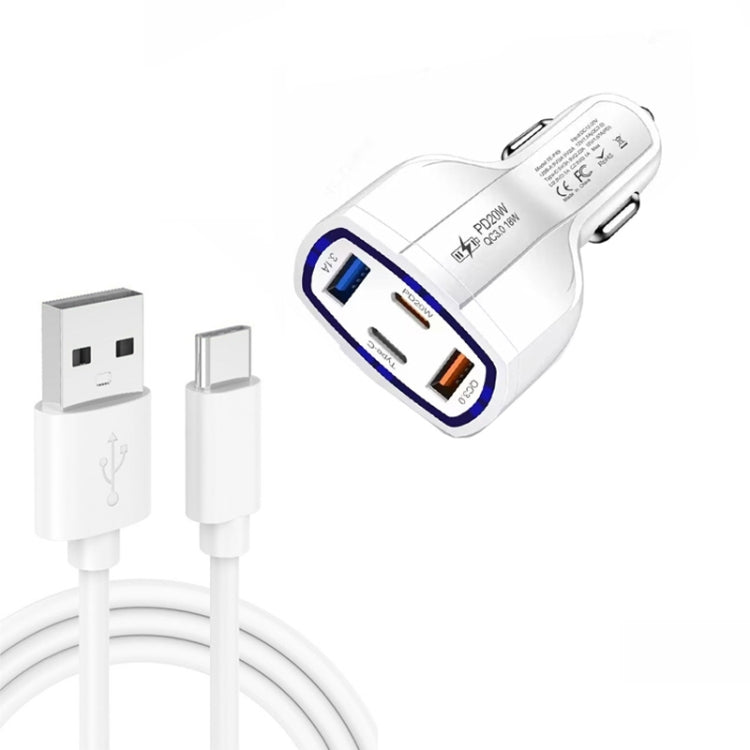 P49 53W PD20W Type-C + USB 4-port Car Charger with USB to Type-C Data Cable, USB to Type-C Data Cable