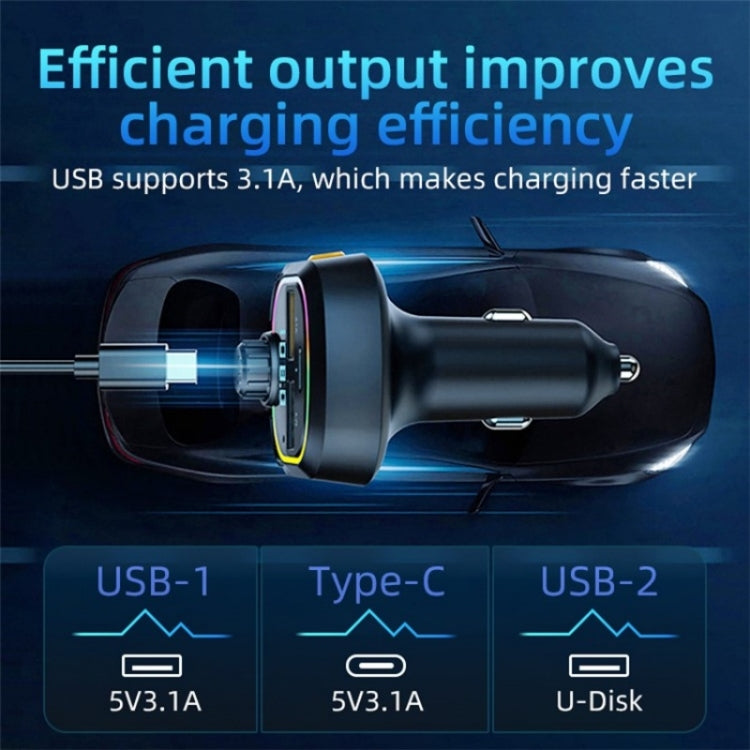 C6 Type-C+2 USB Fast Charger Audio MP3 Player Digital Display FM Car Bluetooth Transmitter, C6