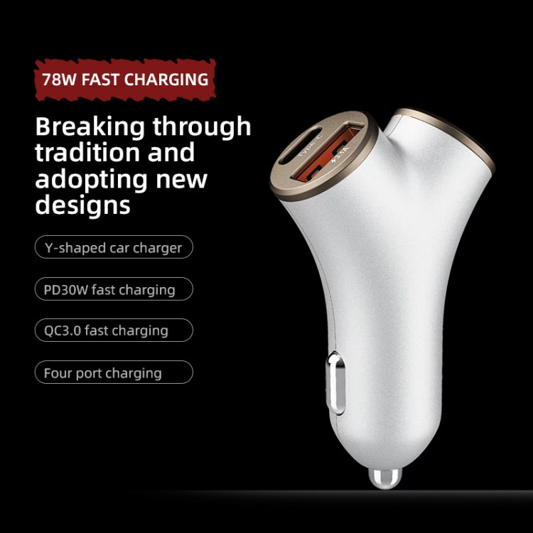 A2 2 USB + 2 Type-C Phone Fast Charging Power Adapter 78W Y-Shaped Car Charger