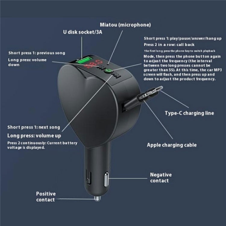 Y2 With Type-C Retractable Cables Car Bluetooth MP3 Player Hands-Free Call Adapter, Y2