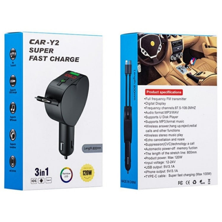 Y2 With Type-C Retractable Cables Car Bluetooth MP3 Player Hands-Free Call Adapter, Y2