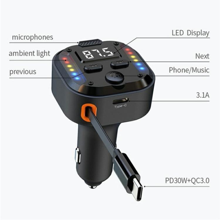 C69 PD 30W Fast Charger FM Transmitter Bluetooth Car Charger with Type-C Extendable Cable, C69