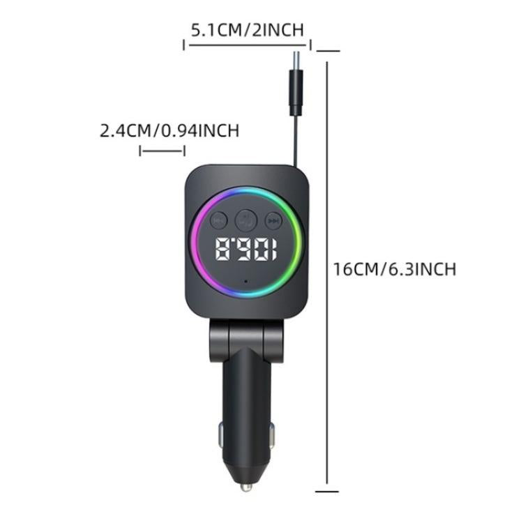 C76 Retractable Cable PD 30W Car Charger Cigarette Lighter Adapter Bluetooth FM Transmitter, C76
