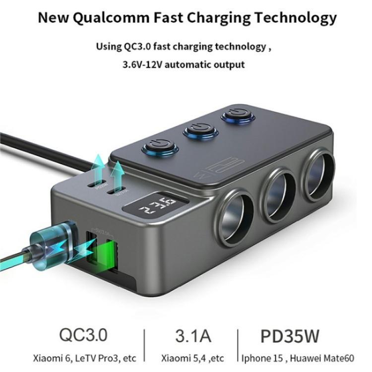 GC06 Voltage Display Cigarette Lighter Adapter Car Charger High Power Fast Charging, GC06