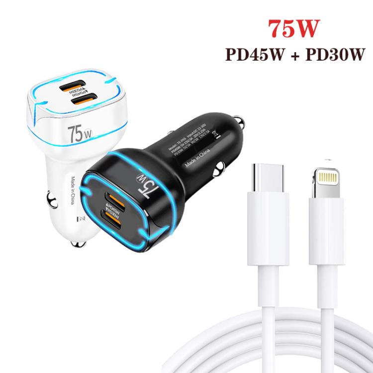 PD45W + PD30W Dual Port Type-C Car Charger with USB-C to 8 Pin Data Cable, P65 with 8 Pin Cable(Black), P65 with 8 Pin Cable(White)