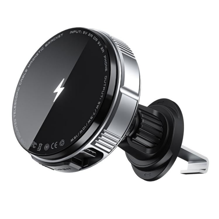 X02 With Retractable Cable 15W Car Air Vent Mount Magnetic Phone Holder Wireless Charger, X02 (Black), X02 (Silver)