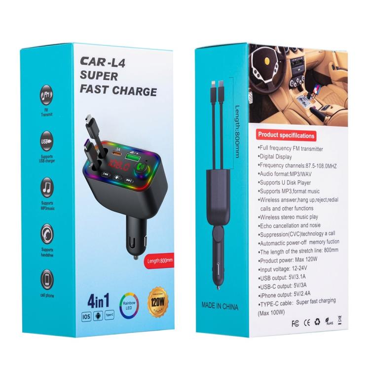L4 Fast Charging Car Charger MP3 Player Retractable Cable FM Transmitter, L4