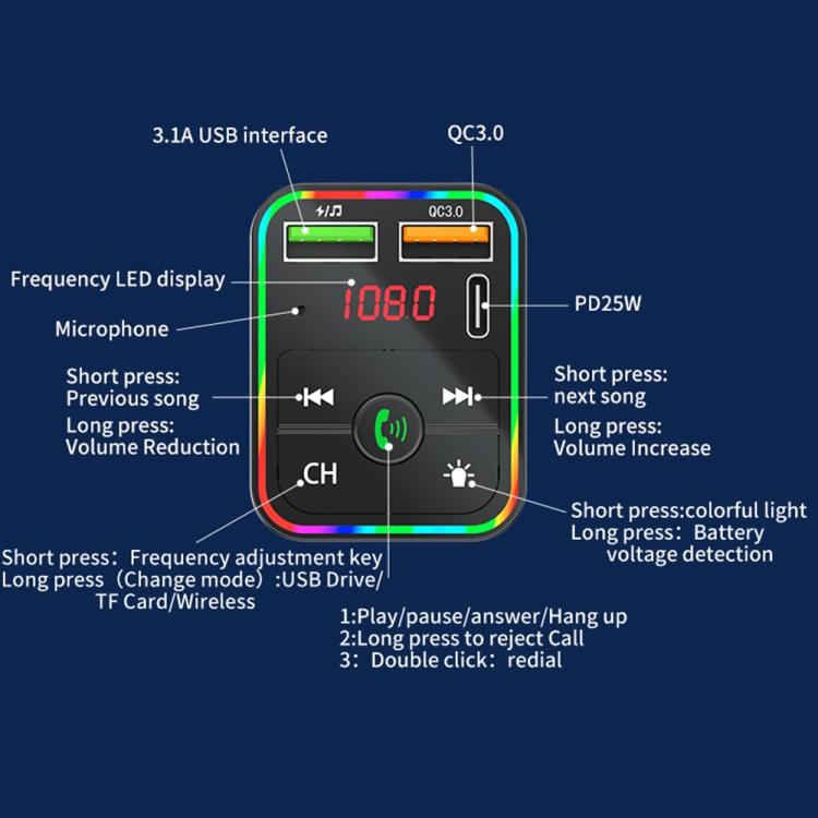 PDF2 With Ambient Light Fast Charger FM Transmitter Bluetooth Hands Free Call MP3 Player, PDF2